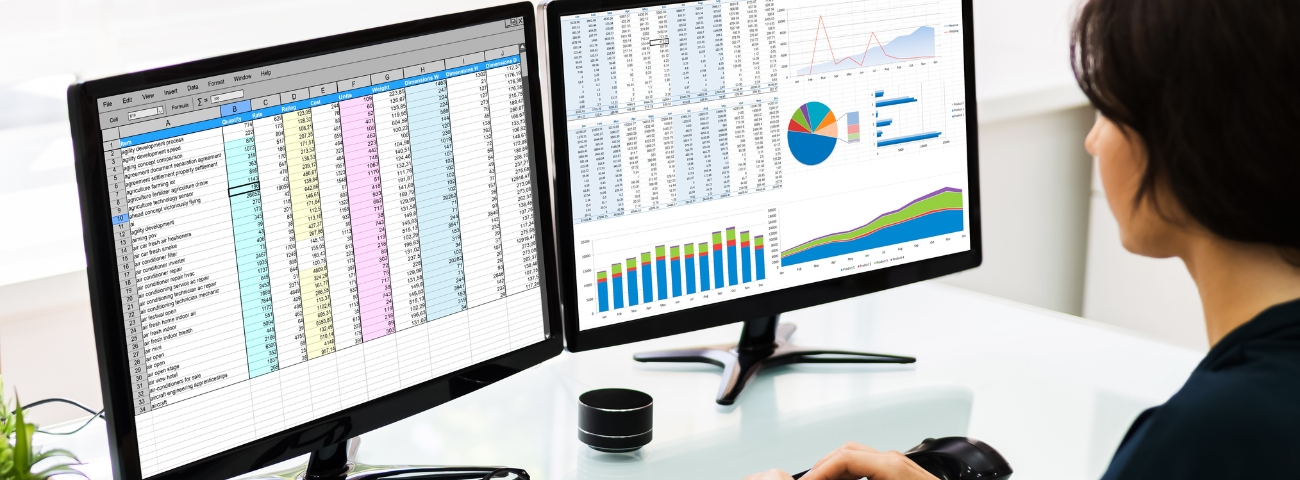 Illustration of a frustrated finance professional managing lease data in Excel with charts, spreadsheets, and compliance alerts on screen