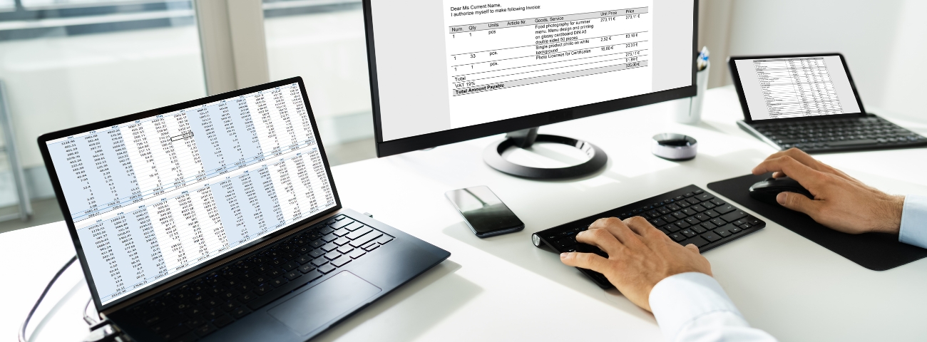 Illustration of finance and real estate professionals collaborating on lease management software with dashboards, charts, and real-time updates.